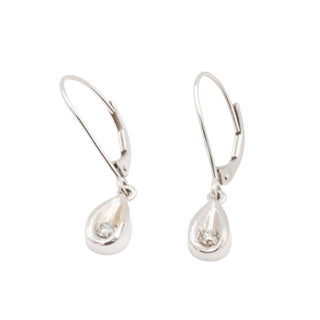 14K White Gold Diamond Teardrop Dangle Earrings 1/8 CT 1.125”