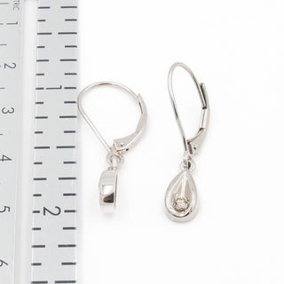 14K White Gold Diamond Teardrop Dangle Earrings 1/8 CT 1.125”