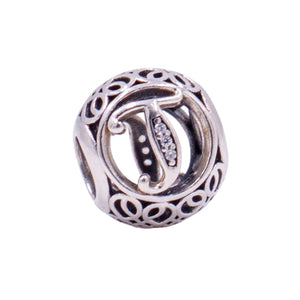 Pandora Retired Vintage Letter T Sterling Silver Clear CZ Initial Charm