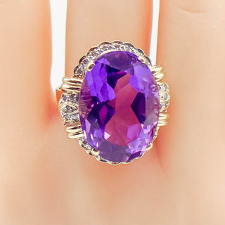 Vintage 14k Gold Amethyst and Diamond Halo Statement Ring Size 9.5