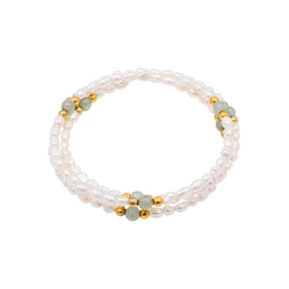 White Baroque Pearl Wrap Bracelet Aventurine Gold Bead Adjustable 6.7 Inch