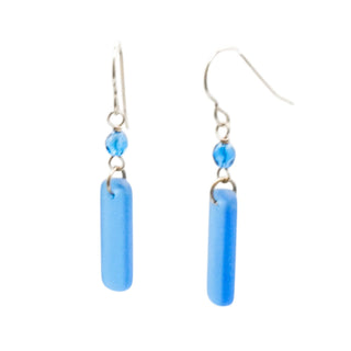 Sterling Silver Blue Sea Glass Dangle Earrings 1 1/2 Inches