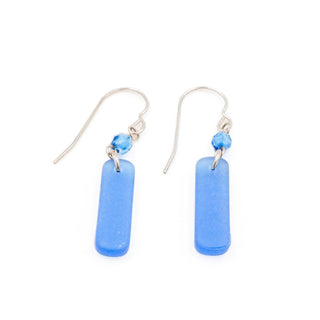 Sterling Silver Blue Sea Glass Dangle Earrings 1 1/2 Inches