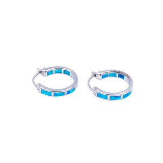 Sterling Silver 3/4 Inch Lab Created Blue Opal In and Out Hoop Earrings