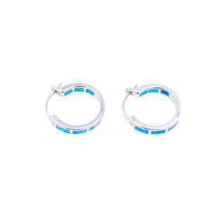 Sterling Silver 3/4 Inch Lab Created Blue Opal In and Out Hoop Earrings