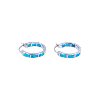 Sterling Silver 3/4 Inch Lab Created Blue Opal In and Out Hoop Earrings