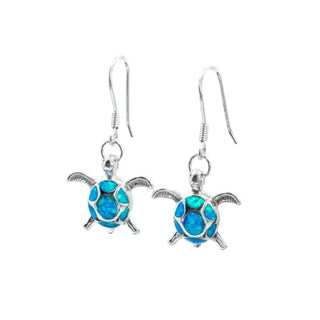 950 Silver 1.5 Inch Lab Created Opal Sea Turtle Dangle Earrings