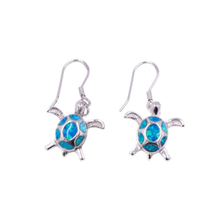 950 Silver 1.5 Inch Lab Created Opal Sea Turtle Dangle Earrings