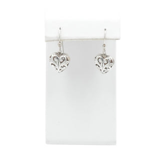 Bali Inspired Sterling Silver Scrollwork Heart Dangle Earrings 1 1/4 Inches