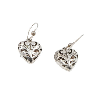 Bali Inspired Sterling Silver Scrollwork Heart Dangle Earrings 1 1/4 Inches