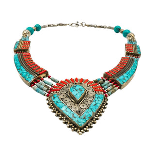 Vintage Tibetan Turquoise Coral Style Ethnic Tribal Bib Statement Necklace 17.5 Inches