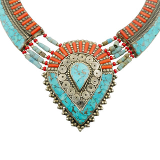 Vintage Tibetan Turquoise Coral Style Ethnic Tribal Bib Statement Necklace 17.5 Inches