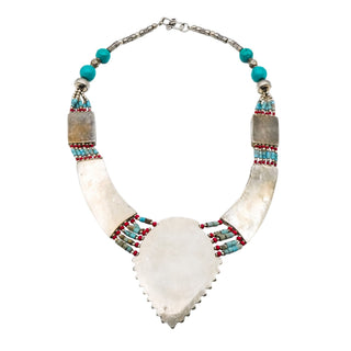 Vintage Tibetan Turquoise Coral Style Ethnic Tribal Bib Statement Necklace 17.5 Inches