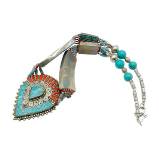 Vintage Tibetan Turquoise Coral Style Ethnic Tribal Bib Statement Necklace 17.5 Inches
