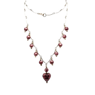 Vintage Purple Heart Art Glass Sterling Silver Pendant Necklace 18 Inches