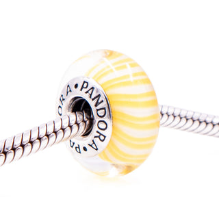 Pandora Yellow Candy Stripes Murano Glass Bead Sterling Silver Charm Retired