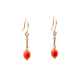 18K Yellow Gold Red Coral 1 Inch Dangle Earrings Estate Fine Jewelry