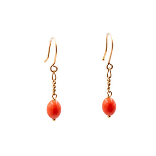 18K Yellow Gold Red Coral 1 Inch Dangle Earrings Estate Fine Jewelry
