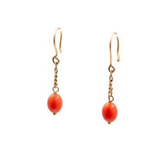 18K Yellow Gold Red Coral 1 Inch Dangle Earrings Estate Fine Jewelry