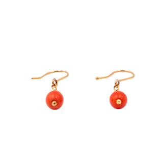 18K Yellow Gold Red Coral 1 Inch Dangle Earrings Estate Fine Jewelry