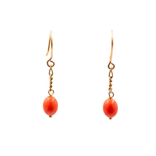 18K Yellow Gold Red Coral 1 Inch Dangle Earrings Estate Fine Jewelry