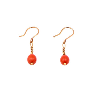 18K Yellow Gold Red Coral 1 Inch Dangle Earrings Estate Fine Jewelry
