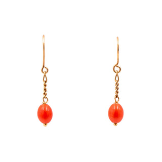 18K Yellow Gold Red Coral 1 Inch Dangle Earrings Estate Fine Jewelry