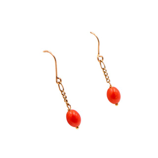 18K Yellow Gold Red Coral 1 Inch Dangle Earrings Estate Fine Jewelry