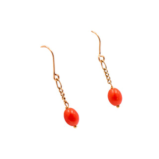 18K Yellow Gold Red Coral 1 Inch Dangle Earrings Estate Fine Jewelry