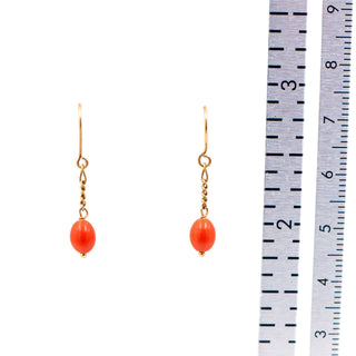 18K Yellow Gold Red Coral 1 Inch Dangle Earrings Estate Fine Jewelry