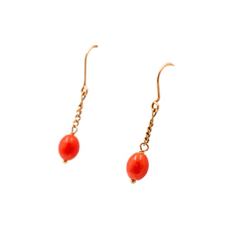 18K Yellow Gold Red Coral 1 Inch Dangle Earrings Estate Fine Jewelry