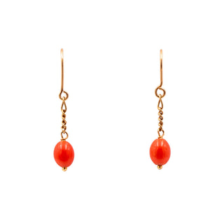 18K Yellow Gold Red Coral 1 Inch Dangle Earrings Estate Fine Jewelry