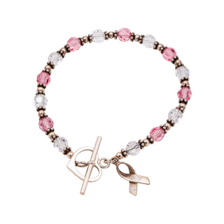 Sterling Silver Breast Cancer Awareness Pink Crystal Beaded Bracelet 7.5 Inch
