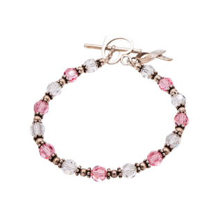 Sterling Silver Breast Cancer Awareness Pink Crystal Beaded Bracelet 7.5 Inch