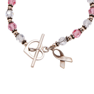 Sterling Silver Breast Cancer Awareness Pink Crystal Beaded Bracelet 7.5 Inch