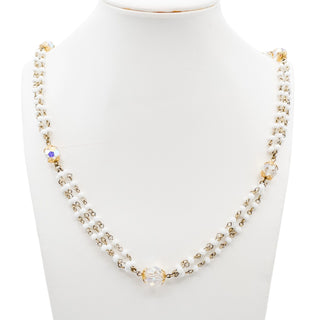 Vintage White Bead & Crystal Three-Strand Rosary Style Necklace With Gold Filigree Accents