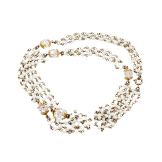 Vintage White Bead & Crystal Three-Strand Rosary Style Necklace With Gold Filigree Accents