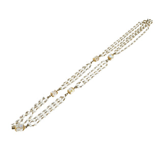 Vintage White Bead & Crystal Three-Strand Rosary Style Necklace With Gold Filigree Accents