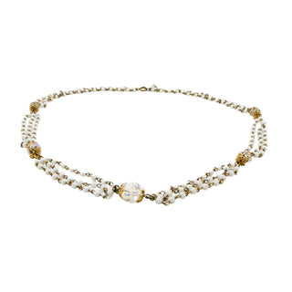 Vintage White Bead & Crystal Three-Strand Rosary Style Necklace With Gold Filigree Accents