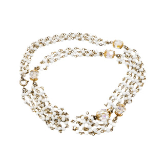 Vintage White Bead & Crystal Three-Strand Rosary Style Necklace With Gold Filigree Accents
