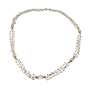 Vintage White Bead & Crystal Three-Strand Rosary Style Necklace With Gold Filigree Accents
