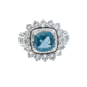 STS Sterling Silver 4ct Blue Spinel 2.25ct White Topaz Diamond Halo Ring Size 6.75