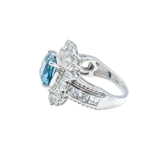 STS Sterling Silver 4ct Blue Spinel 2.25ct White Topaz Diamond Halo Ring Size 6.75