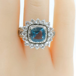 STS Sterling Silver 4ct Blue Spinel 2.25ct White Topaz Diamond Halo Ring Size 6.75
