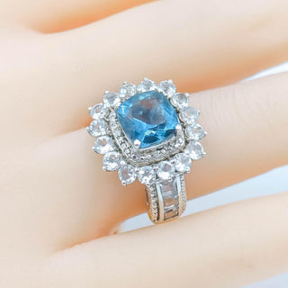 STS Sterling Silver 4ct Blue Spinel 2.25ct White Topaz Diamond Halo Ring Size 6.75
