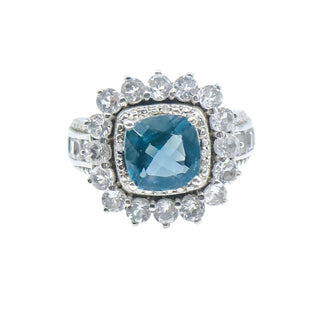 STS Sterling Silver 4ct Blue Spinel 2.25ct White Topaz Diamond Halo Ring Size 6.75