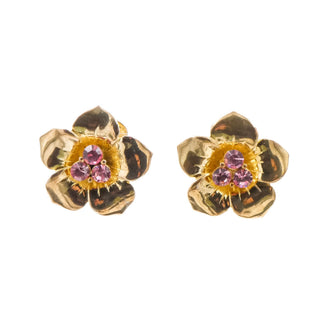 Vintage Gold Tone Pink Rhinestone Flower Clip-On Earrings