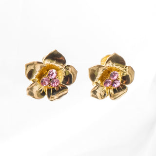 Vintage Gold Tone Pink Rhinestone Flower Clip-On Earrings