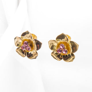 Vintage Gold Tone Pink Rhinestone Flower Clip-On Earrings