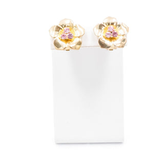 Vintage Gold Tone Pink Rhinestone Flower Clip-On Earrings